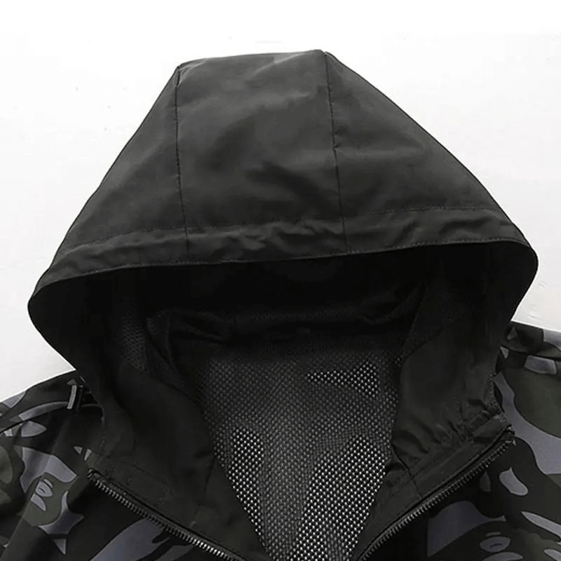 Men's camo print hooded tactical jacket, waterproof and windproof, ideal for outdoor activities like hiking and camping - SF1980.